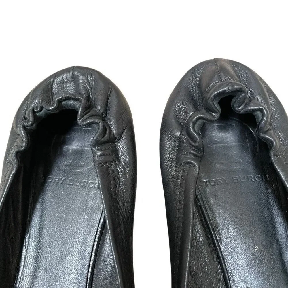 Tory Burch Reva Ballet Flats Women’s‎ 6.5 Travel Black Leather Silver Medallion